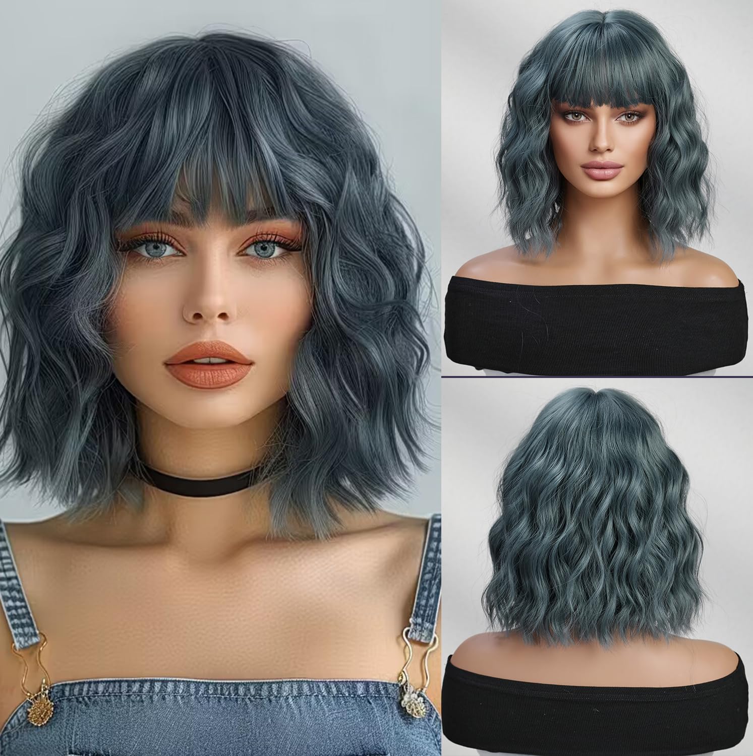Esmee Short Wave Blue Grey Bob Wigs With Fringe Shoulder Length Wig Curly Wavy Synthetic Cosplay Wigs for Women — image 1