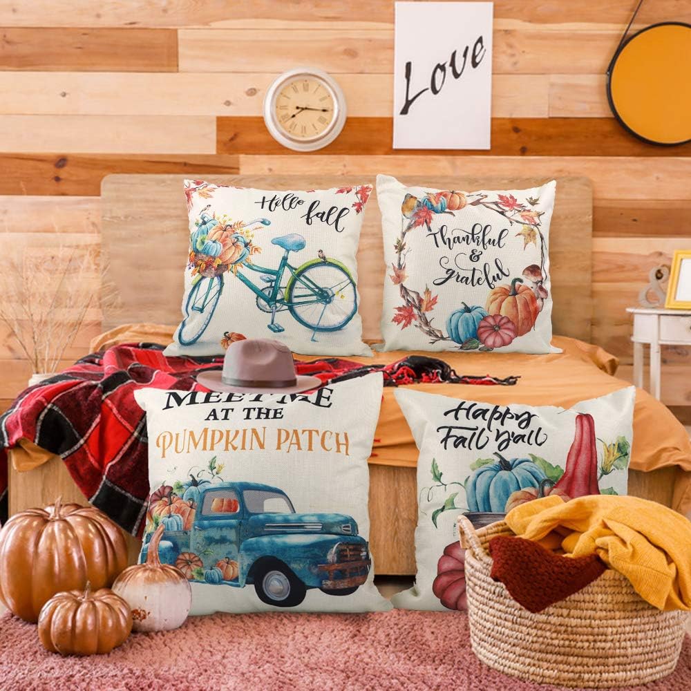 CDWERD Fall Throw Pillow Covers 18x18 Inches Pumpkin Thanksgiving Farmhouse Decorative Autumn Pillowcase Cotton Linen Cushion Case for Home Decor Set of 4: Home & Kitchen
