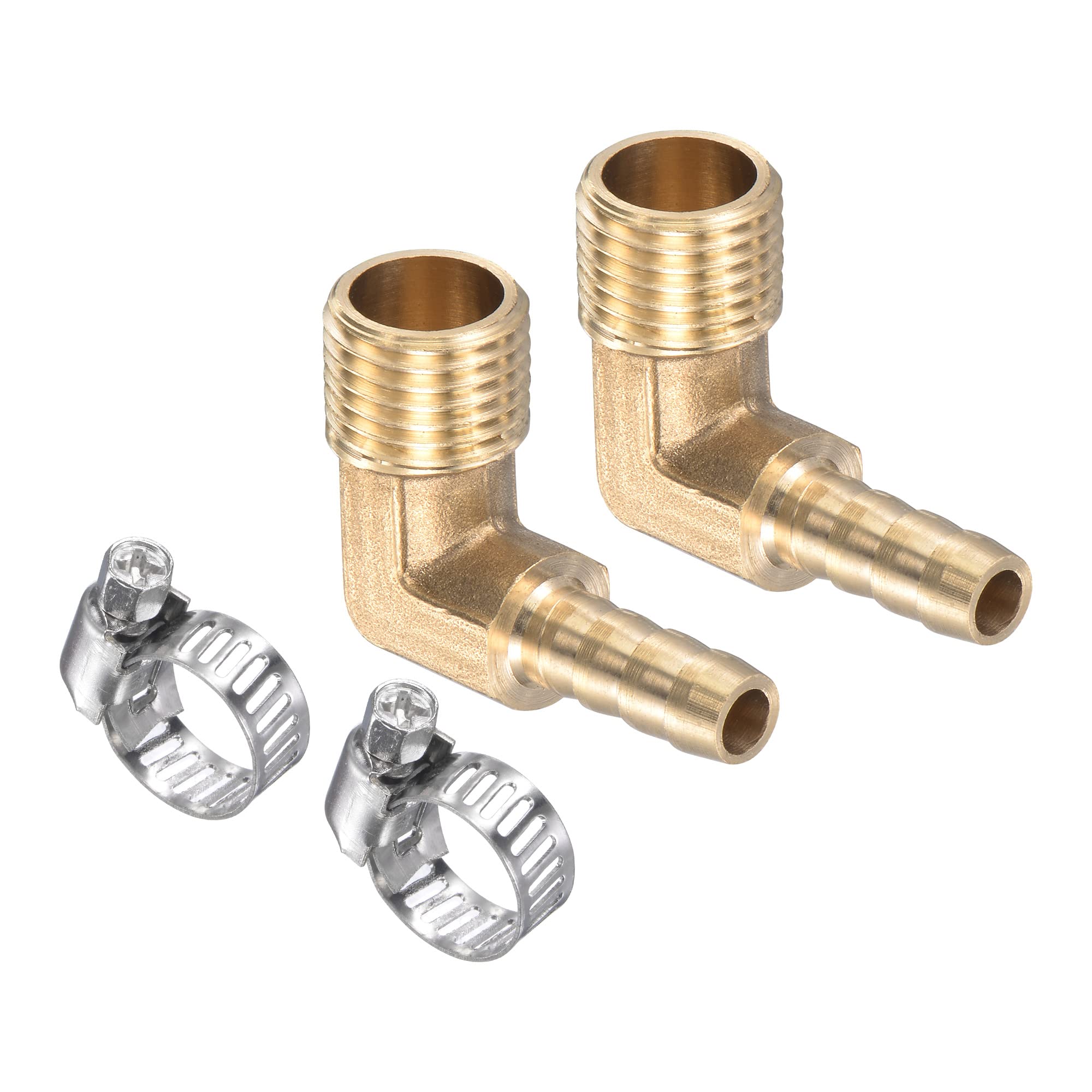 M METERXITY 2 Pack Brass Hose Barb Fittings - 90 Degree Elbow 6mm Brass Pipe Connector with Hose Clamps Apply to Water(G1/4 Male Thread)