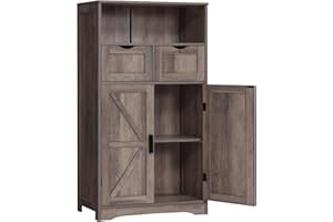 FIONESO Storage Cabinet with 2 Adjustable Drawers & 2 Barn Doors, Bathroom Storage Cabinet with 2 Shelf, Wooden Cabinet, Kitc