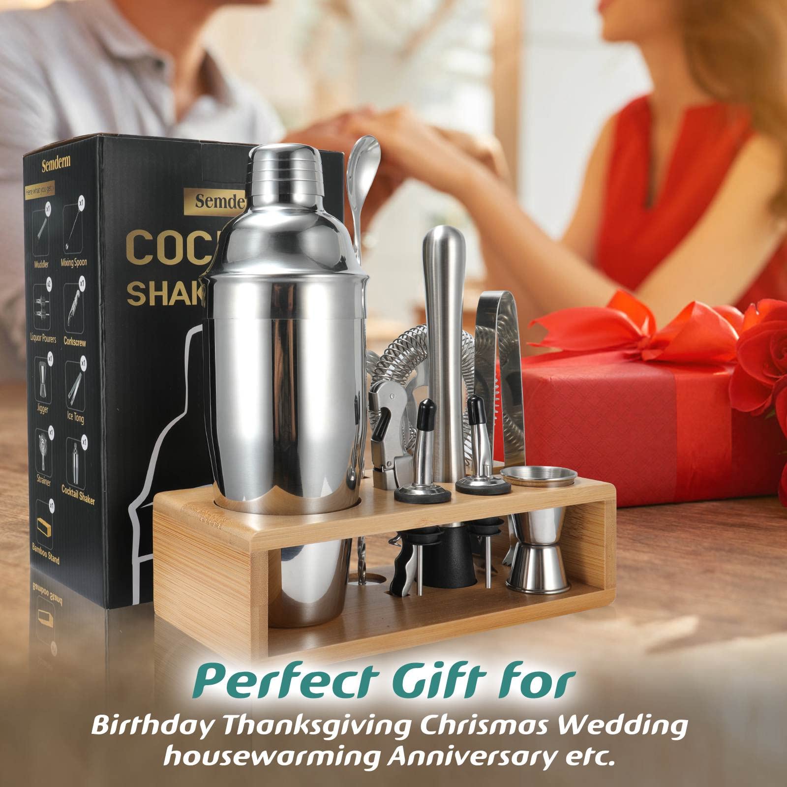 Cocktail Shaker Set, Mixology Bartender Kit 10-Piece Bar Tool Set with Stylish Bamboo Stand, Bar kit: Matini Shaker Mixing Spoon Muddler Jigger Cocksrew for Barware Set - Image 6