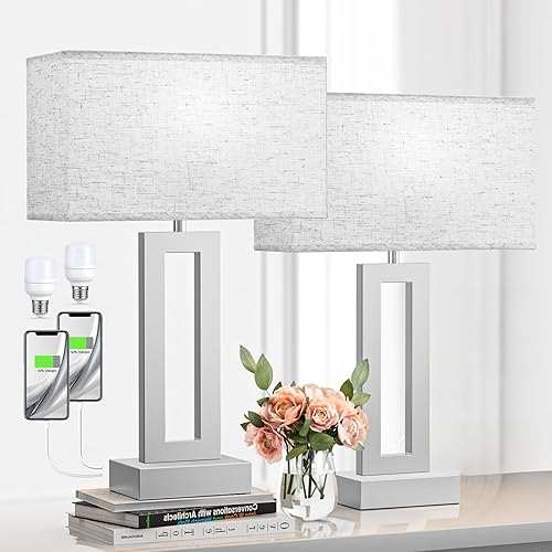 Bedroom Table Lamps Set of 2 - Beige Silver Touch Bedside Lamps with USB C+A, 3 Way Dimmable Gold Lamp for Nightstand, Modern Night Stands Lamps for Living Room End Tables