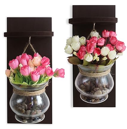 Tied Ribbons Wood Wall Shelf with Flower Vase and Artificial Flowers (11.99 cm x 0.99 cm x 37.01 cm, Set of 2)