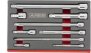 ARES 10-teiliges Steckschlüssel-Set Mit Adapter, Verlängerungen & Gelenken – Aus Chrom-Vanadium-Stahl, Mit Spiegelglanz