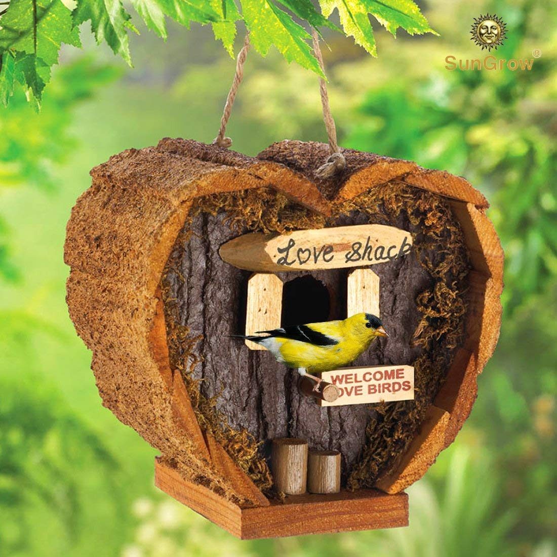 Heart Shaped Birdhouse - Decorative Rough Wood - Little Log Cabin Birdhouse - Perfect Gift for Newlyweds, Engagement , Housewarming , Honeymoon - Love Shack for Love Birds - Wooden Bird Feeder