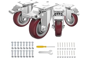 JIN FU TOU 4 Inch Wheel Casters,Set of 4 Heavy Duty,Red Industrial Casters with Brake, Locking Casters for Furniture and Workbench for Cart,Top Plate Swivel Wheels and Load 2300lbs (Two Hardware Kits Include)