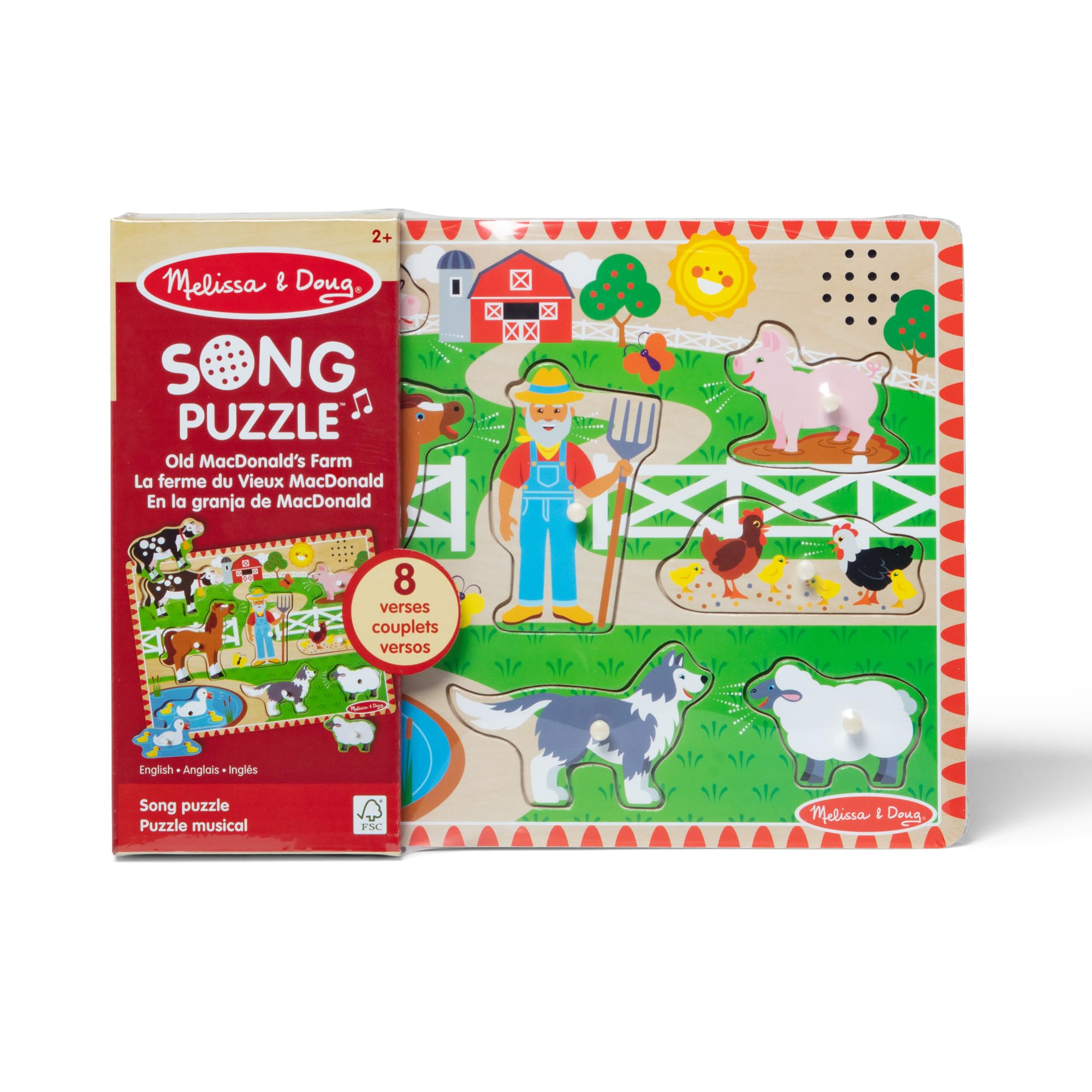Melissa & Doug Old MacDonald's Farm Song Puzzle – 8-Piece Wooden Peg Puzzle with Light-Activated Sounds, Music Learning Toy for Toddlers and Preschoolers Ages 2+