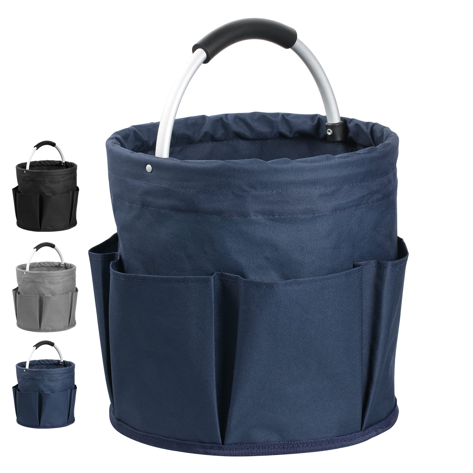 IHOMAGIC 17L Cleaning Caddy with Handle, Portable Cleaning Tote Bag with 6 Pockets, Foldable Garden Bucket Storage Caddy for Garden Tool Kit, Picnic Basket for Ourdoor Keeping, Navy Blue