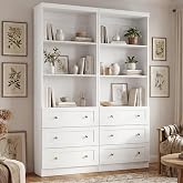 Cyclysio 80" Bookshelf with 3 Drawers and Baseboard Cutout, Set of 2 | Tall Bookcase with Adjustable Shelves and Thickened Top Panel, Tall Storage Cabinet for Home Office, Living Room