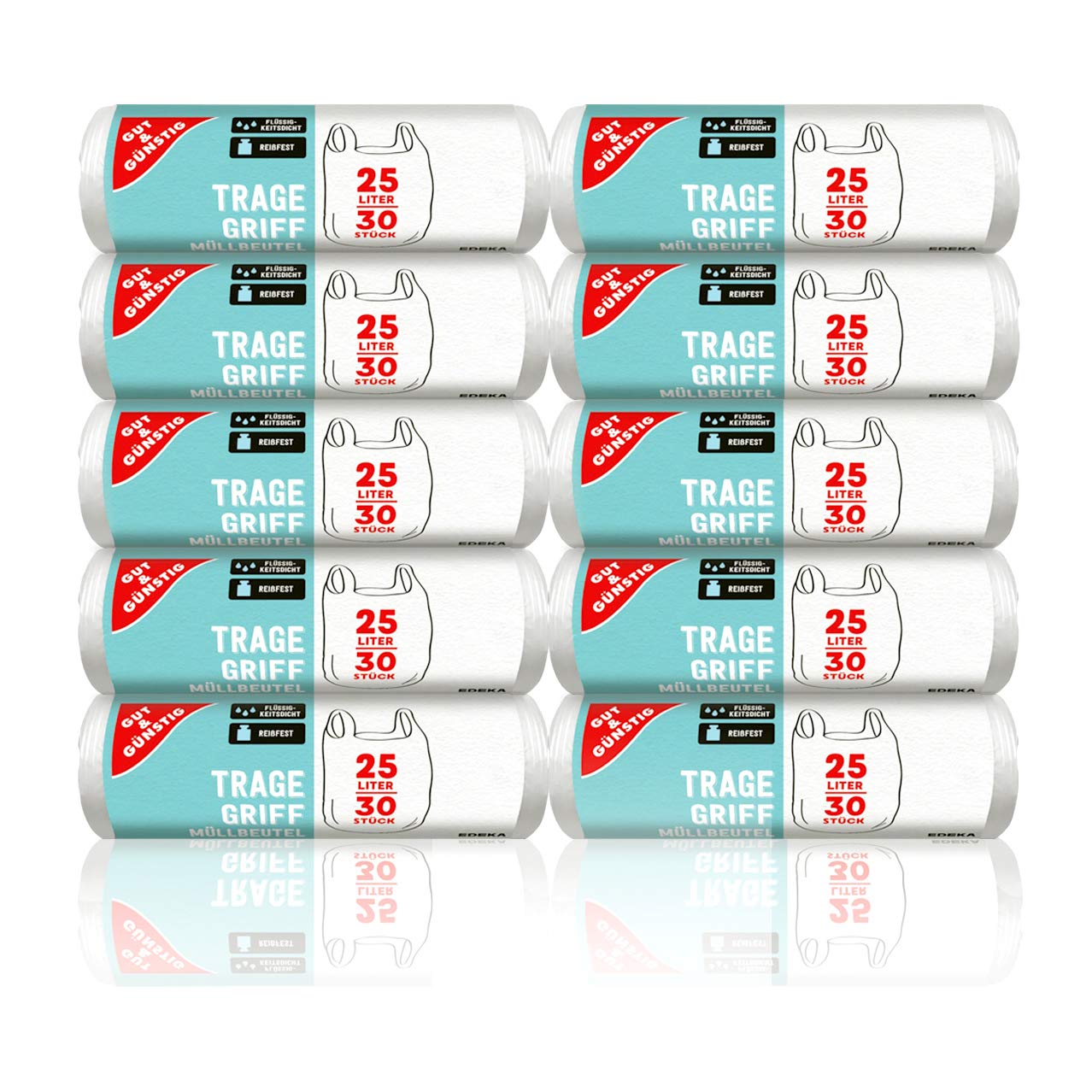 Gut & Günstig Bin Liners with Carry Handle 25 L (Pack of 30) - Pack of 10 (10 x 30 Pieces) - Tear-Proof and Liquid-Proof