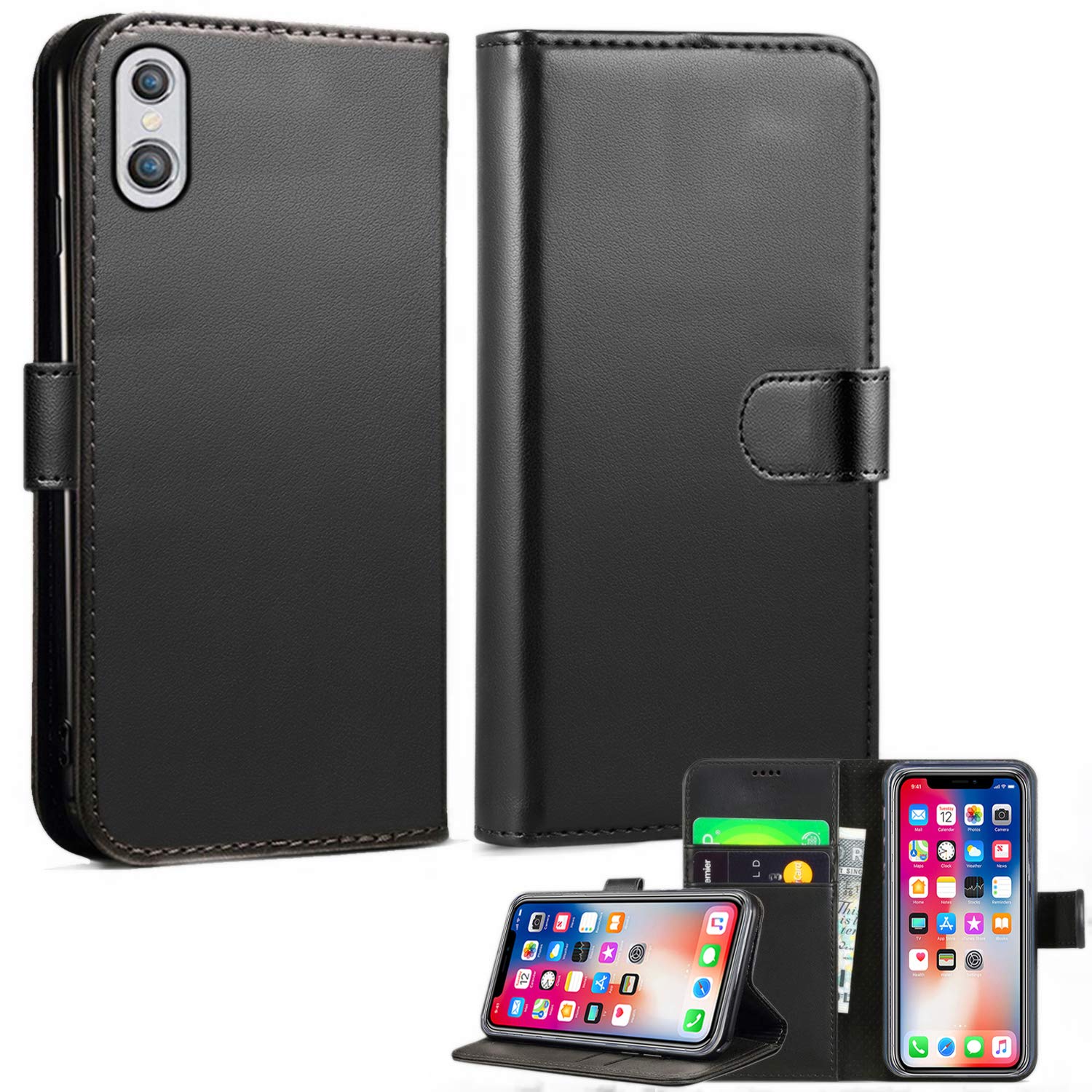Mobile Stuff iPhone XS Leather Wallet Case - Folio Flip Book Cover with Magnetic Closure - Adjustable Viewing Stand (iPhone XS, Black)