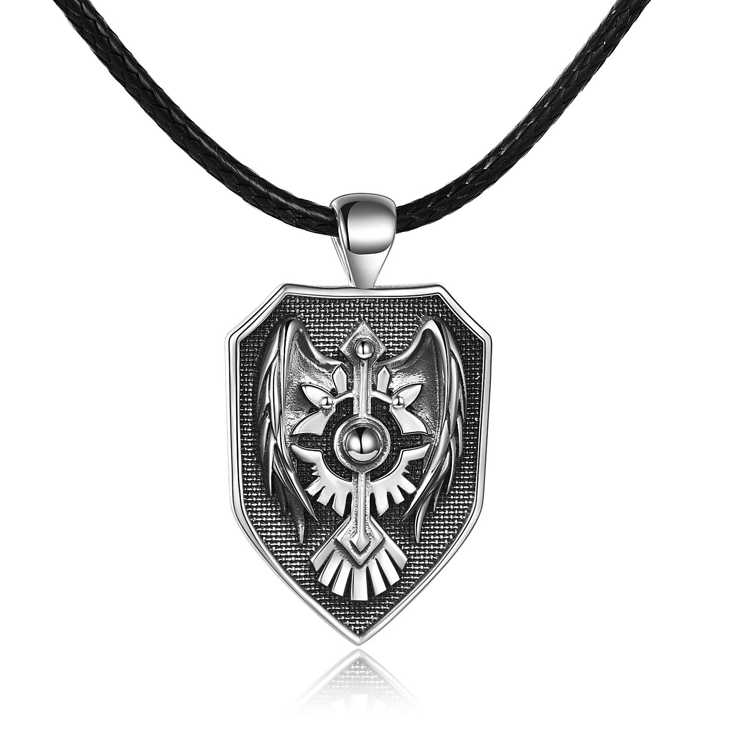 VENACOLY Shield Necklace Sterling Silver Wings Protected Pendant Viking Jewellery Protection for Women Men Leather Chain