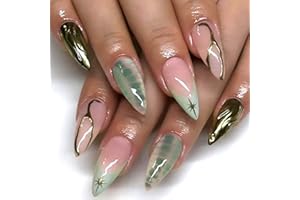 NBNTGH Green French Tip Press on Nails Short Almond Fake Nails Gold Line False Nails with Design Star Glue on Nails Glossy Artificial Acrylic Nail Full Cover Nude Stick on Nails for Women Manicure 30Pcs
