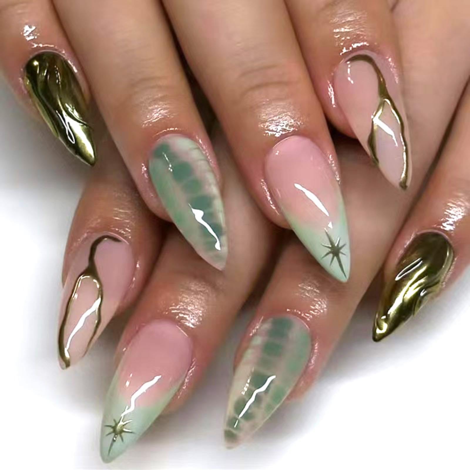 Green French Tip Press on Nails Short Almond Fake Nails Gold Line False Nails with Design Star Glue on Nails Glossy Artificial Acrylic Nail Full Cover Nude Stick on Nails for Women Manicure 30Pcs