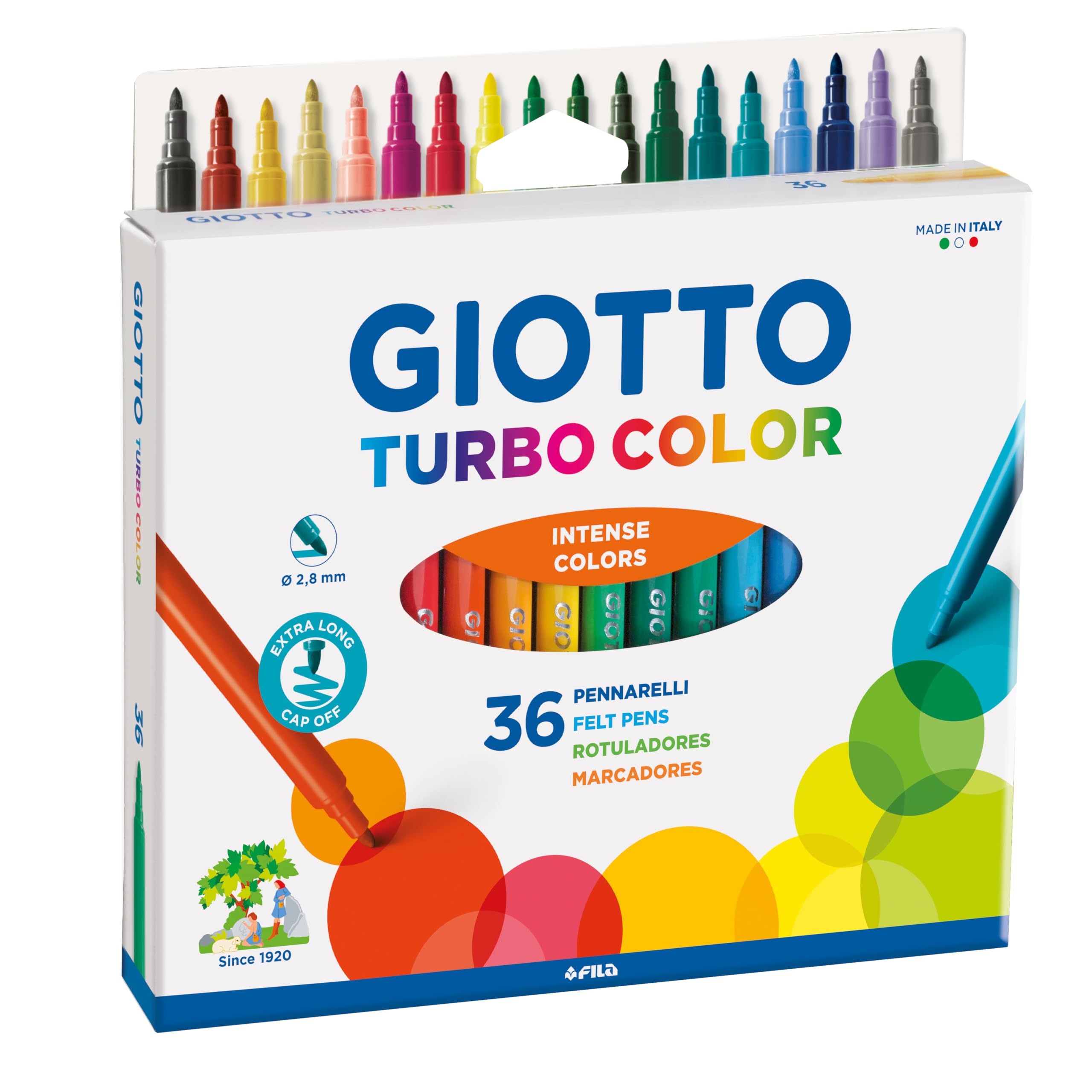 GIOTTO Turbocolor Felt Tip Fibre Pens, Fine Tip Nib 2.8mm, 36 Assorted Colours, Ideal for Children, Parties and Schools, retro-tri color — image 1