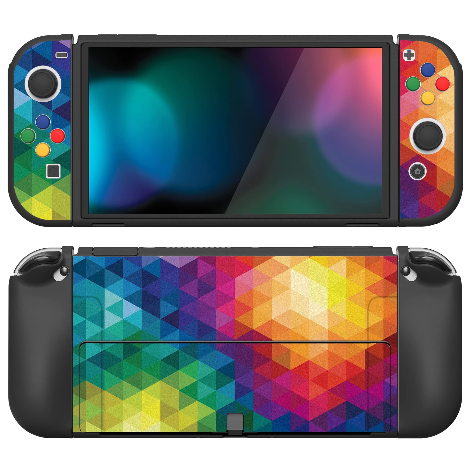PlayVital ZealProtect Soft Protective Case for Nintendo Switch OLED, Flexible Protector Joycon Grip Cover for Nintendo Switch OLED with Thumb Grip Caps & ABXY Direction Button Caps - Colorful Triangle