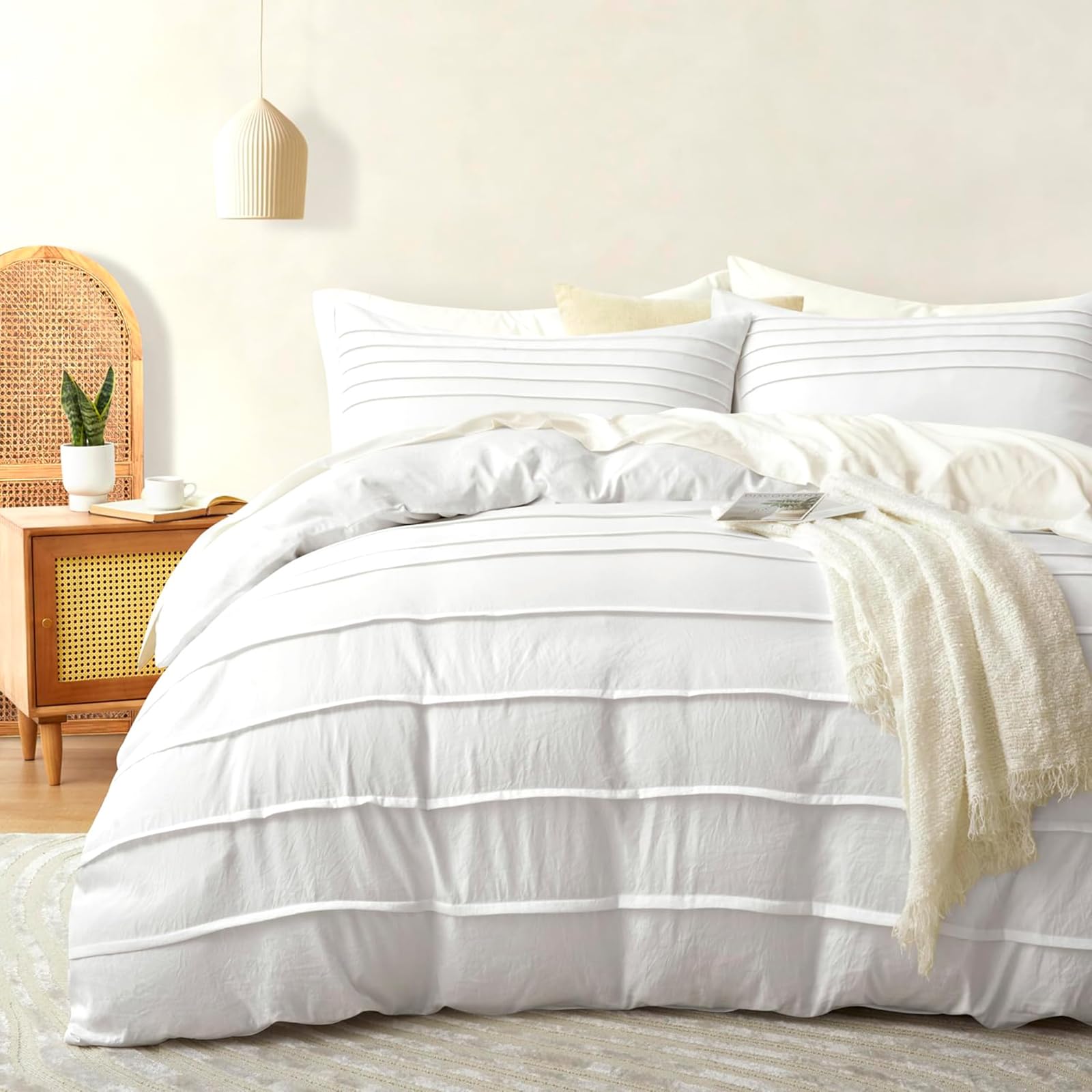 DJY White Duvet Cover Double Size - Boho Pleated Duvet Cover Set, 3PCS Soft and Breathable Textured Bedding Set with Zipper Closure (White, 200x200cm) — image 1