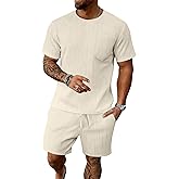 Bealin Men's Summer Beach Outfits 2 Piece Vintage Short Sleeve T Shirts and Shorts Vacation Texture Sets