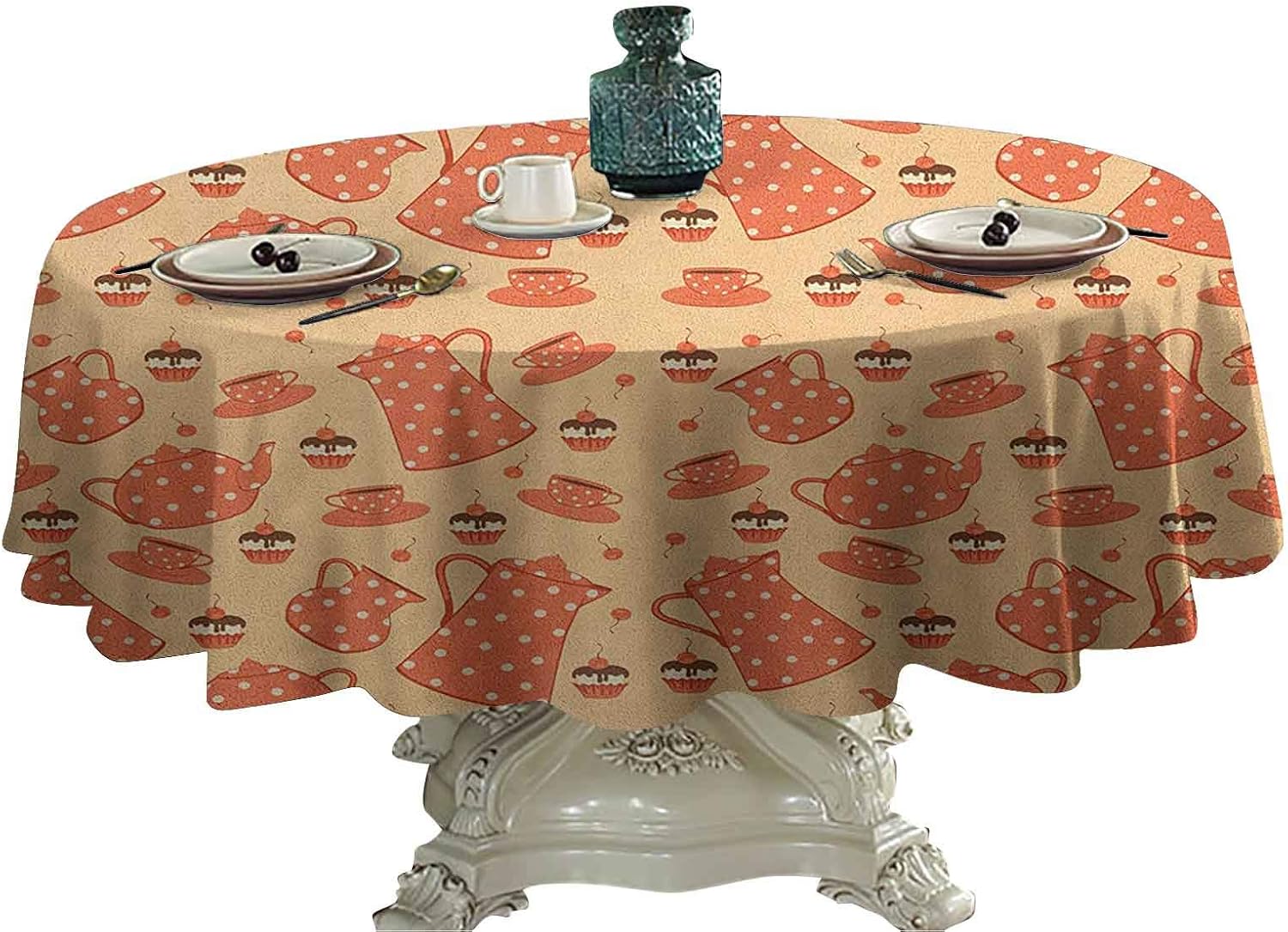 Tea Party Beach Round Tablecloth Old Fashioned Tea Set with Delicious Creamy Cakes