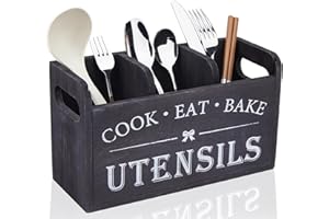 Large Kitchen Utensil Holder with 3 Compartments, Wooden Storage Utensil Organizer for Kitchen Countertop, Farmhouse Decor, R