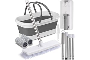 AUTODECO Flat Mop and Bucket Set with Heavy Duty Scrub Brush, 2 Washable Reusable Microfiber Pads, for Tile Hardwood, Wall Cleaning, Home Indoor or Outdoor Cleaning (White-Gray)