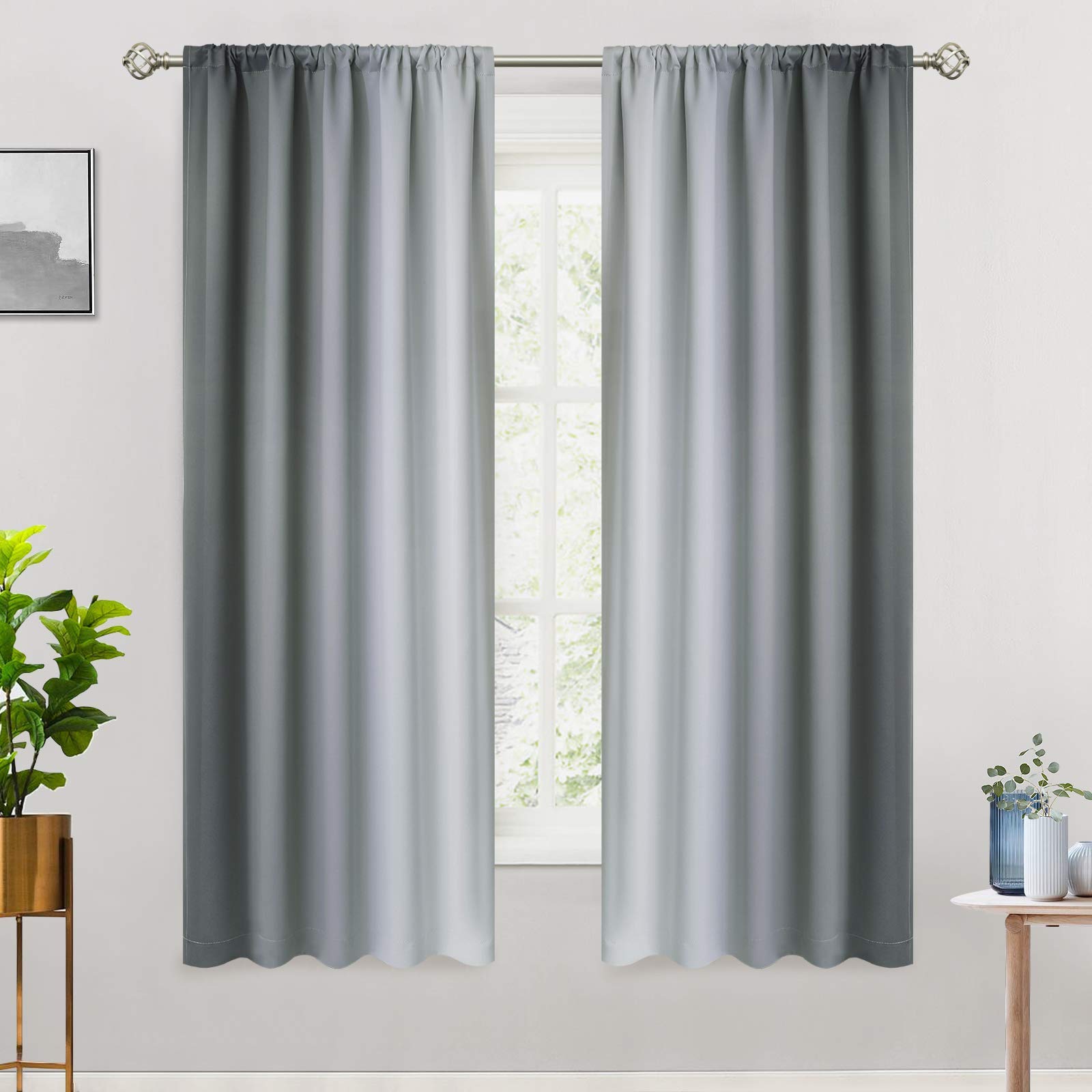 COSVIYA Rod Pocket Ombre Room Curtains 63 inch Length, Gray and Greyish White Gradient Drapes Light Blocking Insulated Thermal Window Curtains for Bedroom/Living Room,2 Panels,52x63 inches