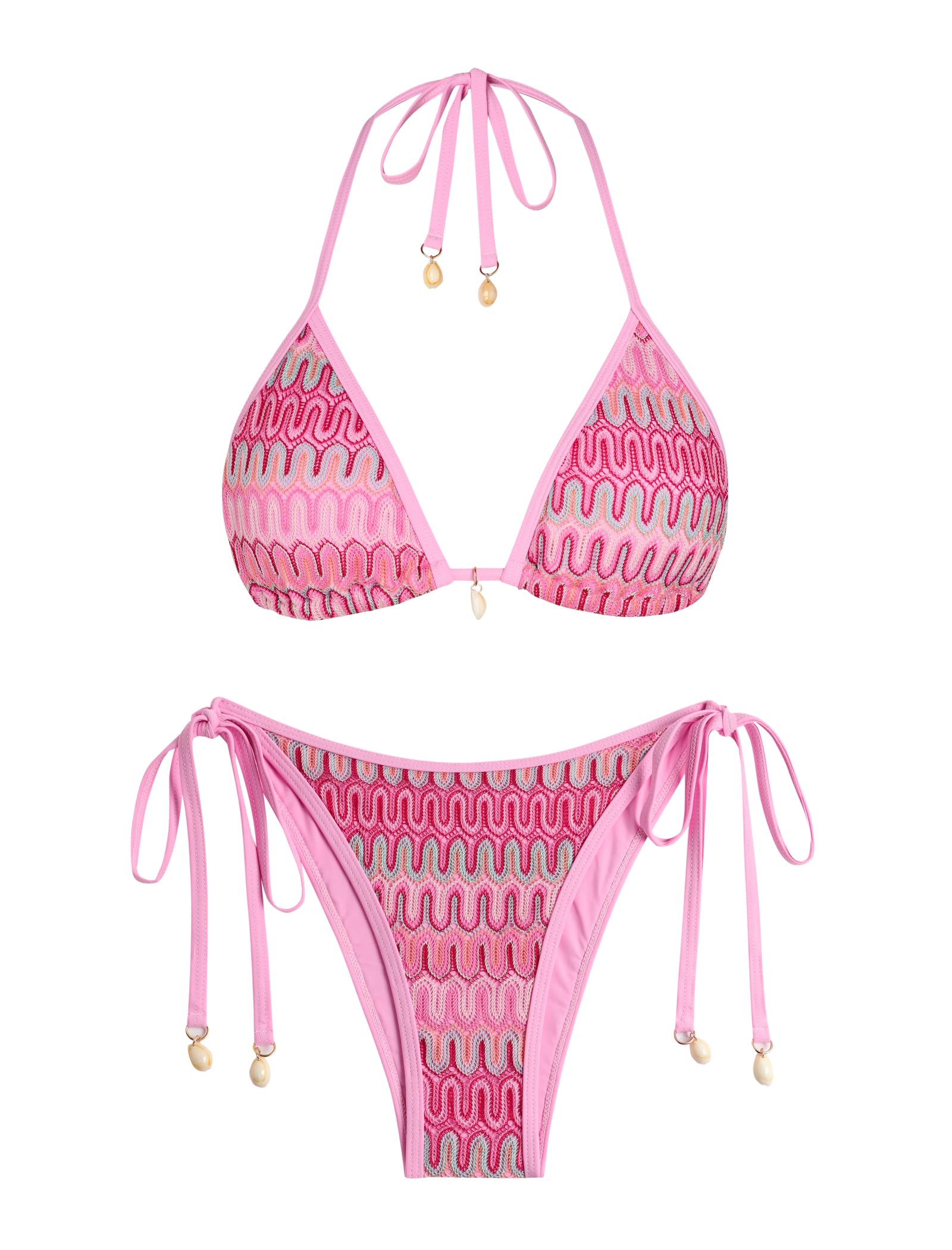 Photo 1 of ZAFUL Women's Colorblock Stripes Triangle Halter Tied Cheeky Thong Bikini Set High Cut Two Piece Bathing Suit (2-Pink, L)
