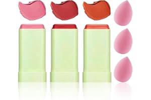 Multi-Use Blush Stick(With Makeup Sponges)-Moisturizing & Tinted Solid Cream Blush Stick,Lightweight Waterproof Makeup Blush,