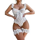 Foxiny Sexy Ruffle Mini Mesh Floral Lace UnderWire Sheer Belt Lingerie Set Teddy Bodysuit Top 2 Piece
