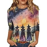 Halloween Shirts for Women Funny Crew Neck 3/4 Sleeve Trendy Casual Tops Halloween Graphic T Shirts Festival Outfits
