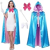 Kolacoo Hooded Blue Fairy Cape Costume Adult Women, Polyester Princess Cloak Star Magic Wand & Ribbon Glove Set for Dress up