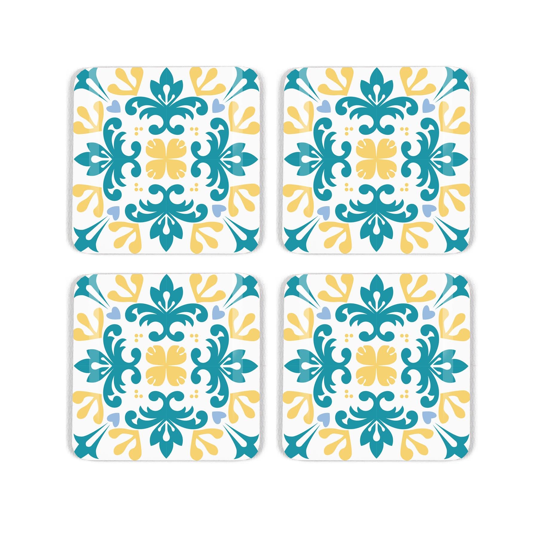 Moroccan Tile Coaster Set - Blue & Yellow Pattern Gift - Set of Four (4) Square Drinks Coasters