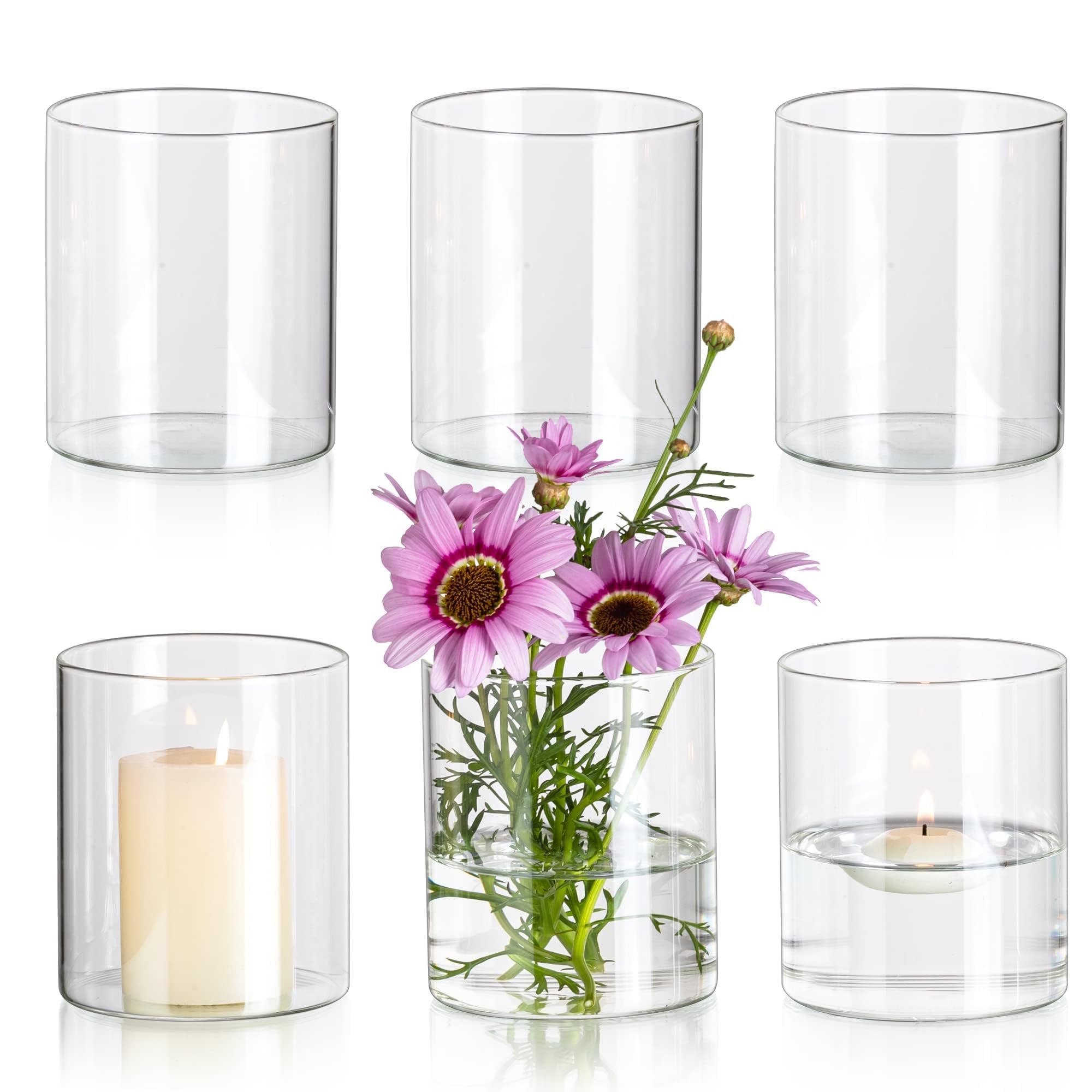 Glasseam Small Clear Cylinder Glass Vase Set of 6 for Flowers, 10 x 8.5 cm Bud Vases, Modern Decorative Hurricane Candle Holder for Wedding Table Centerpiece