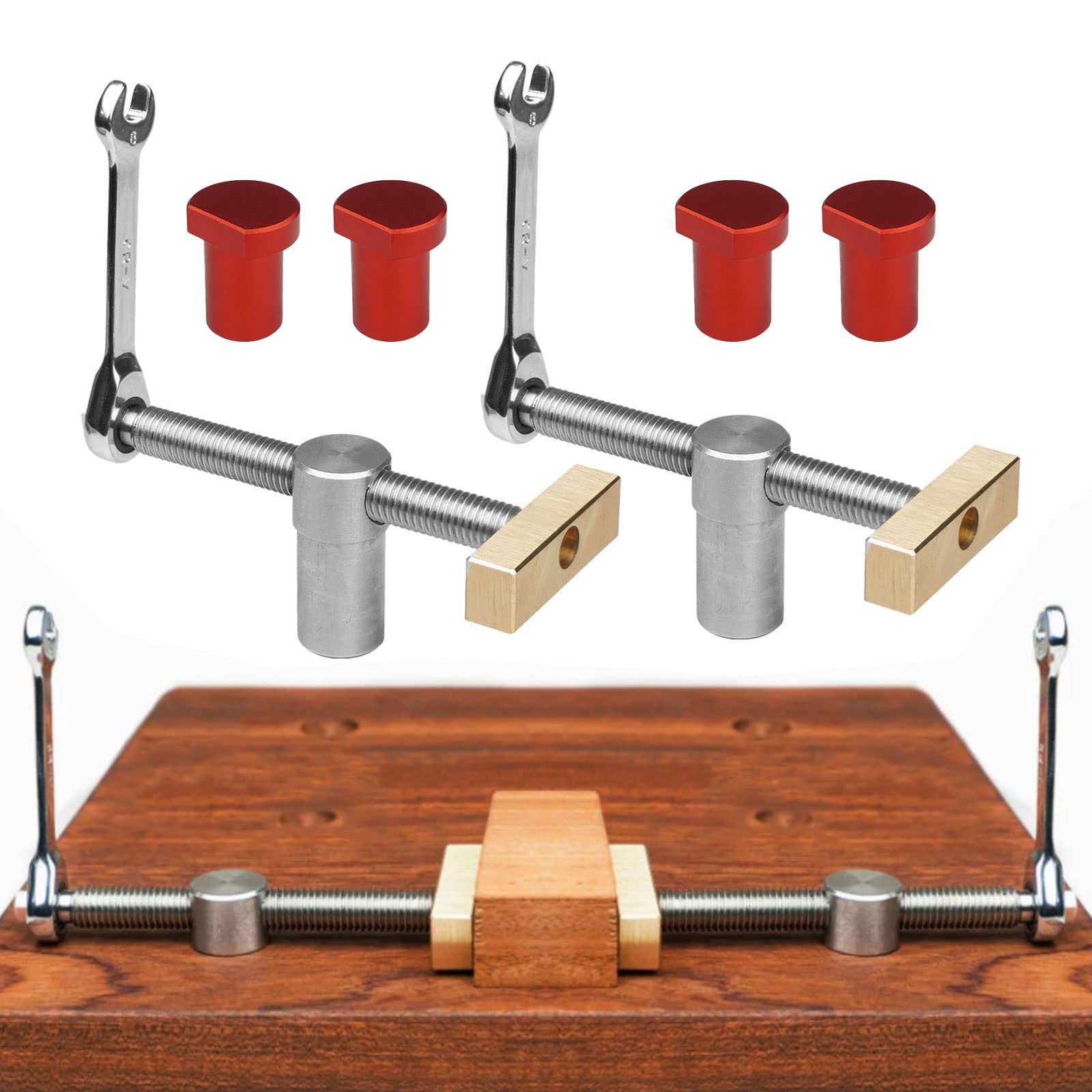 2pcs Table Workbench Fast Fixed Clip Clamp with 4pcs Bench Dogs, Woodworking Desktop Clip DIY Positioning Bench Stop and Fast Clamps for 19mm/20mm Dog Hole (20mm Red)