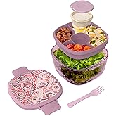 Bentgo Glass Prints Salad Container - 7.6-Cup Tinted Glass Salad Bowl with Airtight Lid, Leak-Proof Sauce Container, 4-Compartment Bento Meal Prep Tray & Reusable Fork (Floral Maximalist - Bouquet)