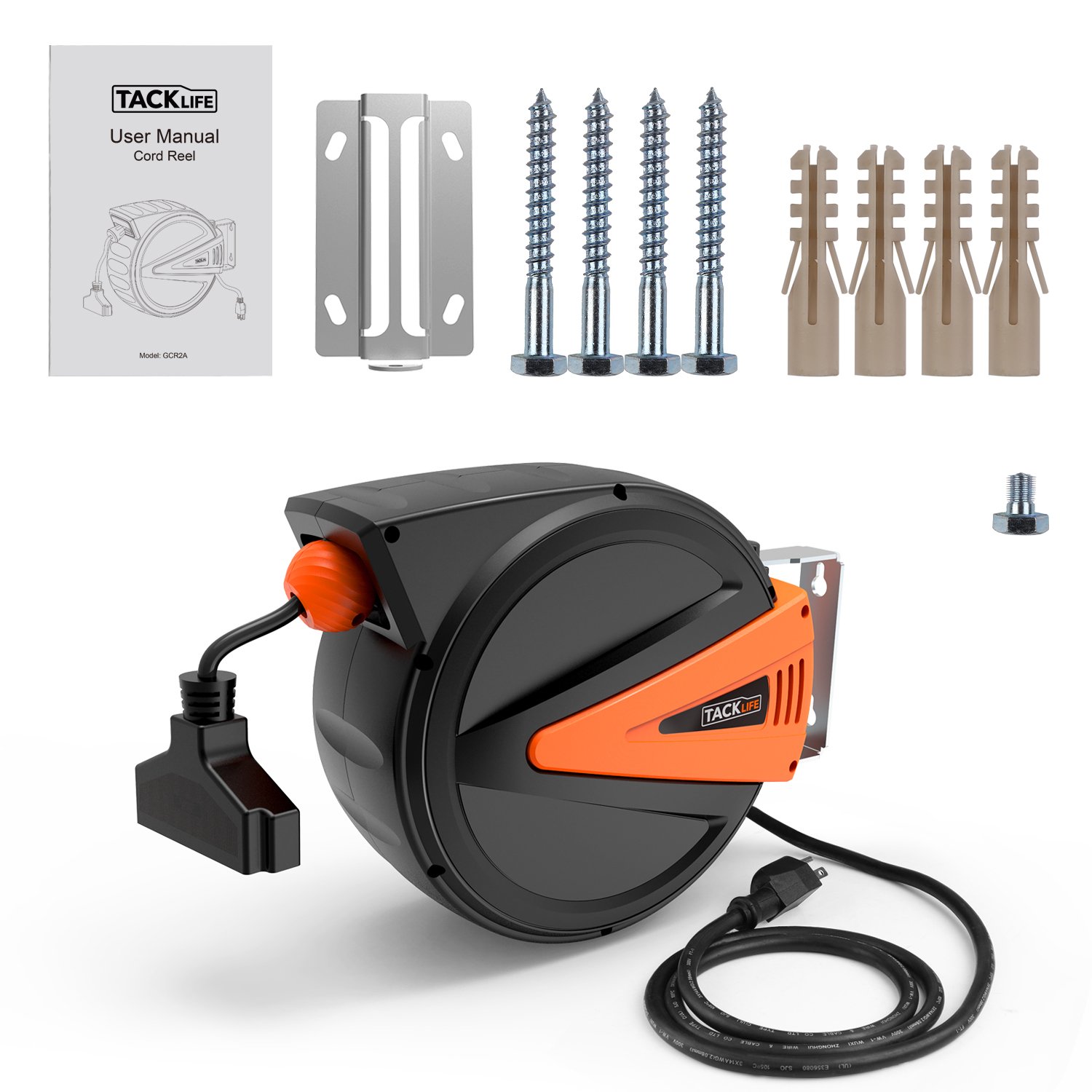 50+4.5ft Retractable Extension Cord TACKLIFE Cord Reel 180°Swivel Ceiling or Mounting Metal