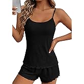 Ekouaer Pajama Sets for Women 2 Piece Camisole Pjs Cute Print Sleepwear Ribbed Sexy Tank Top with Shorts S-XXL