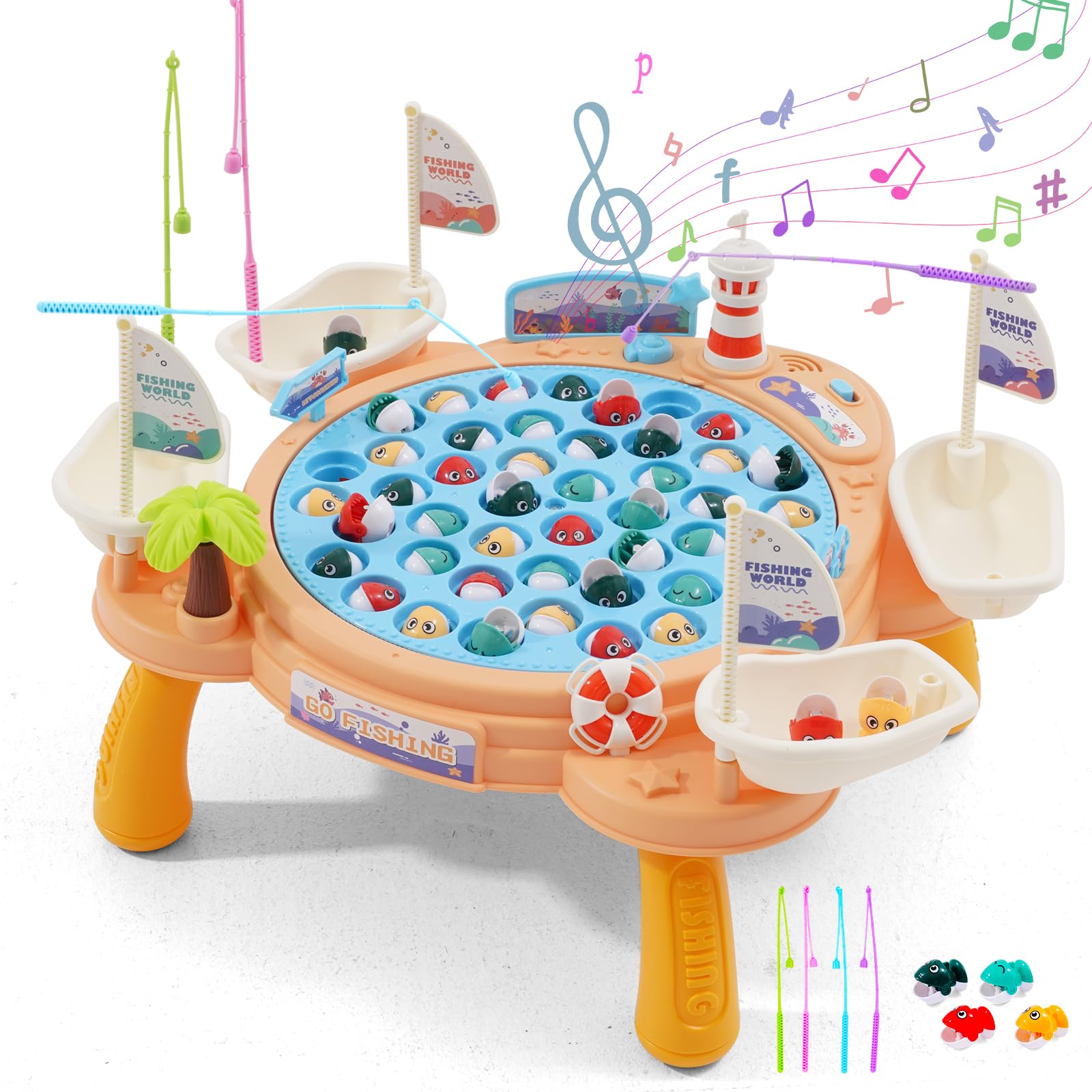 Fishing Game Fishing Toy for Kids with 45 Fishes Table Leg Fishing Poles Musical Fishing Rod Set Rotating Board Games Fish Catching Game Bath Toys Learning Educational Gift for Toddlers Boys Girls 3+