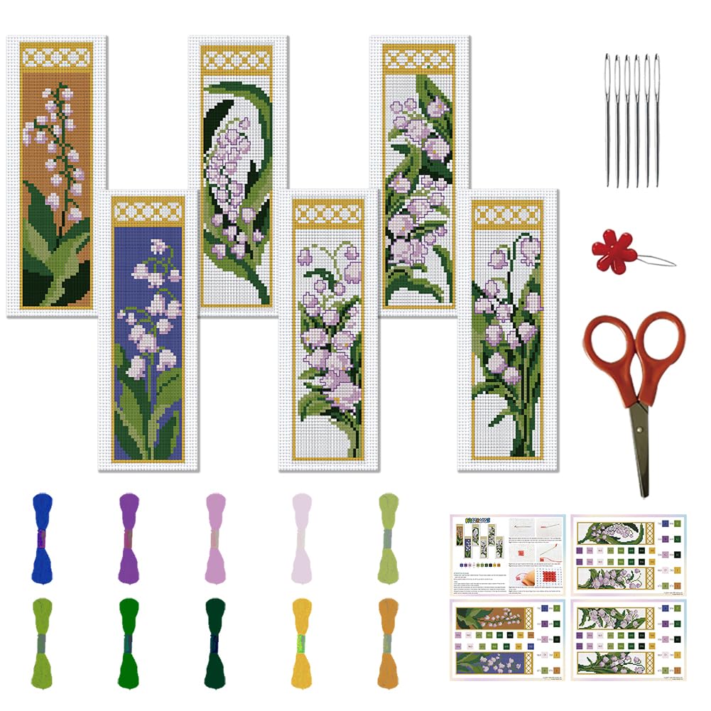 FREEBLOSS 6 Set Lily of The Valley Cross Stitch Bookmark Kits - Flowers DIY Bookmarks, Stamped Embroidery, Counted Cross Stitch Kit for Beginners & Adults - 22 * 8cm — image 1