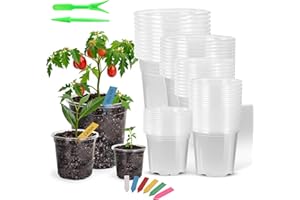 HUROUTD 60 Pack Clear Nursery Pots with Drainage Holes, 3.5/4/5/6/7 Inch Clear Plastic Pots for Plants, Reinforced Transparent Nursery Pot with 60 Colorful Plant Labels 2 Garden Tools