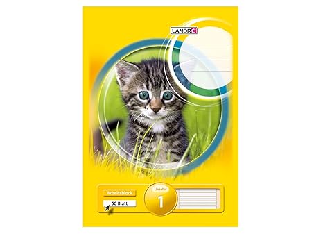 LANDRE 100050443 Arbeitsblock Klausurenblock 5er Pack A4 50 Blatt liniert 80 g/m² gelocht kopfgeleimt Motiv: Katze
