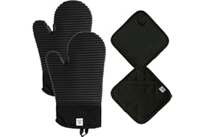 AH ARTISAN HOME Black Silicone Oven Mitts and Pot Holders Sets | Heat Resistant Silicone Hot Pads & Kitchen Mittens Accessories for Baking | Pair of Oven Gloves & Potholders for Kitchens.