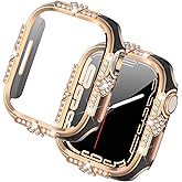 Falandi Compatible with Apple Watch Case 42mm Series 10 Rhinestones with Built-in Glass Screen Protector Diamond iWatch Cover for Women Girl, Black-RG, 42mm
