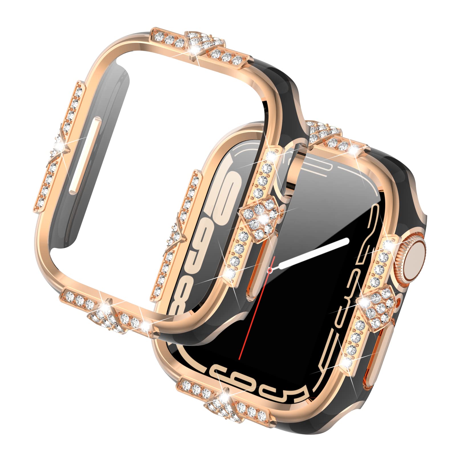 Falandi Compatible with Apple Watch Case Series 10/9/8/7/6/5/4 /SE Rhinestones with Built-in Glass Screen Protector 46/42 / 40/44 / 41/ 45mm Diamond iWatch Cover for Women Girl (Black-RG, 40mm)