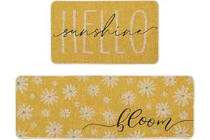 Artoid Mode Yellow Daisy Hello Sunshine Bloom Spring Kitchen Mats Set of 2, Home Decor Low-Profile Kitchen Rugs for Floor - 17x29 and 17x47 Inch