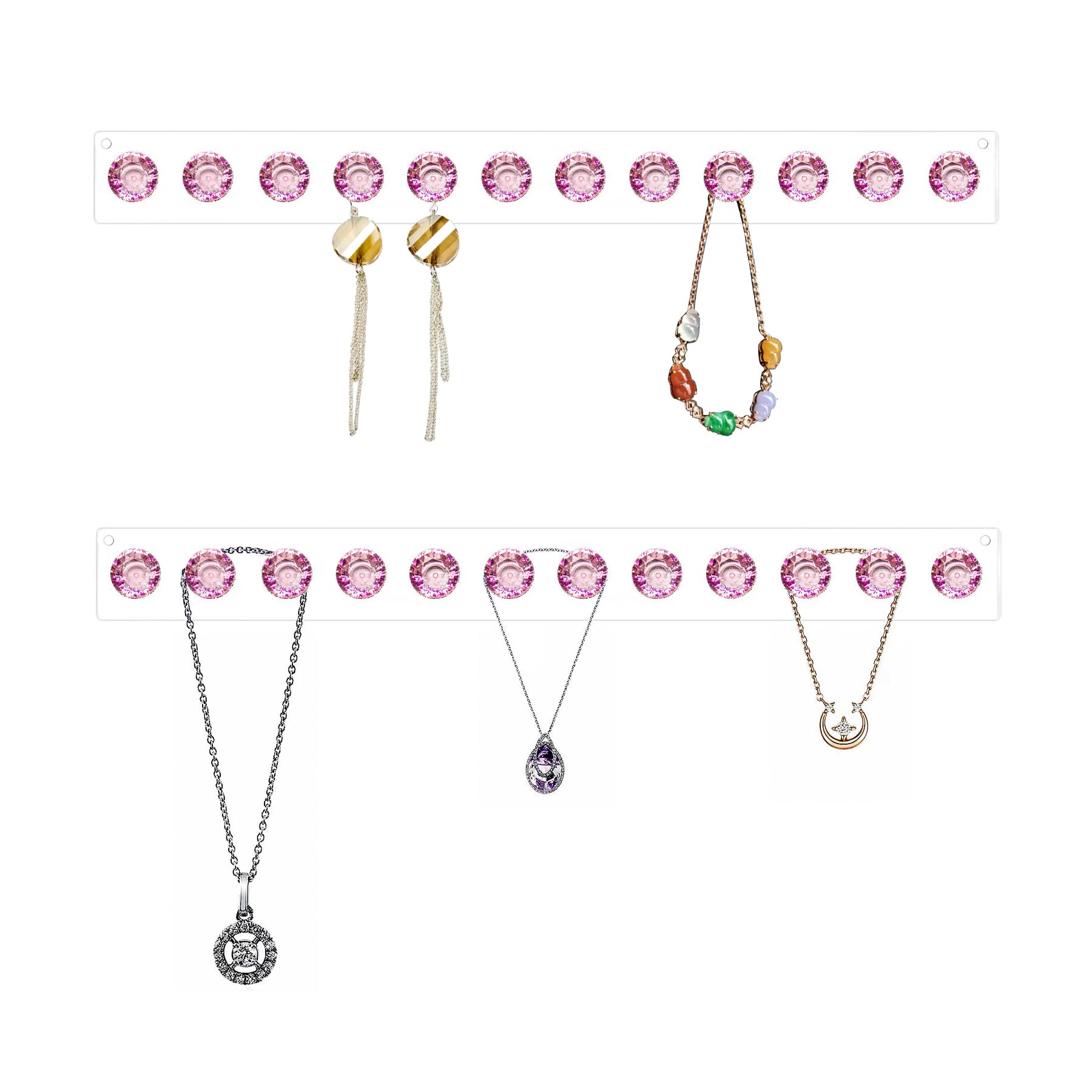 Baoswi 2 Pack Necklace Hangers Acrylic Necklace Holder Wall Mounted Jewellry Organiser Hanging with 12 Diamond Shape Hooks, Gift for Girls Women (Pink)