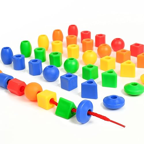 Lacing Beads for Toddlers (60 Stringing Beads,4 Strings) -Educational Montessori Preschool Activities,Toddler