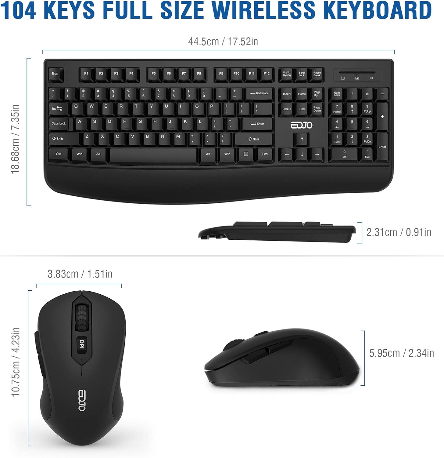 Wireless Keyboard and Mouse Combo, EDJO 2.4G Full-Sized Ergonomic Computer Keyboard with Wrist Rest and 3 Level DPI Adjustable Wireless Mouse for Windows, Mac OS Desktop/Laptop/PC: Computers & Accessories