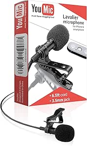 Youmic - Small Lavalier Microphone with Clip - Lav Lapel Mic for Camera Phone iPhone iOS Android PC Laptop Video Recording - Noise Cancelling 3.5mm Jack