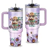 xiiai Highland Cow Gifts - Yak Tumbler 40oz with Handle and Straws, Leak-proof, Stainless Steel Insulated Coffee Mugs for Western Farm Lovers Cups, Purple Highland Cows Drinking Water Bottle